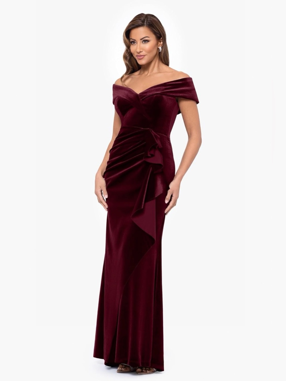 Xscape Velvet Burgundy Off Shoulder Sweetheart Neckline Gown with Side Ruffle